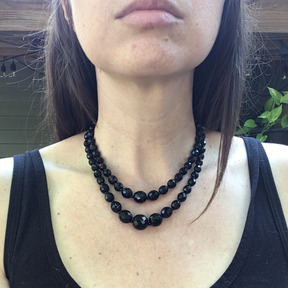 Vintage Black Glass Beads Double Stranded Necklace - Picture 2 of 9